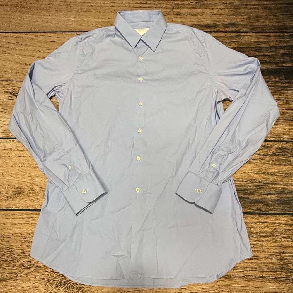 Prada Button Down Shirt Men 17.5 Light Blue Long Sleeve Italian Cotton Dress